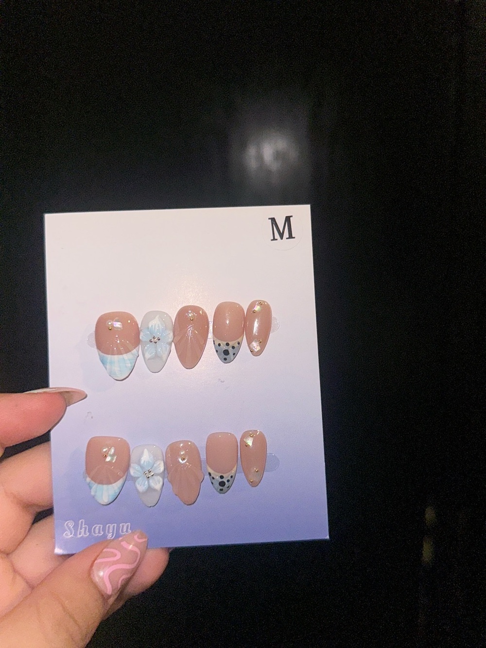 Nude and Light Blue Floral Press-On Nail Set - Medium
